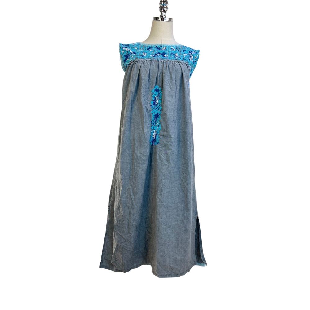 Mi Golondrina Arroyo Mini Dress Blue Floral Embroidered Cotton